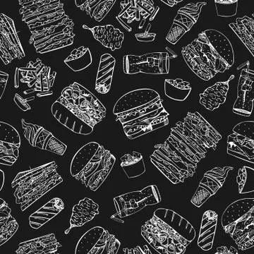 Fast food seamless pattern in doodle style. Stock Illustration