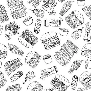 Fast food seamless pattern in doodle style. Stock Illustration