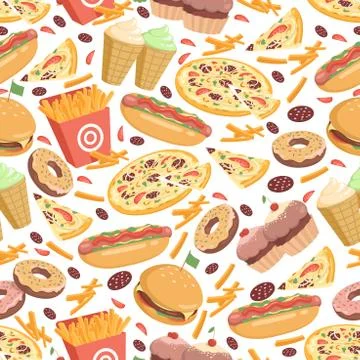 Fast food seamless pattern. Fast food vector flat cartoon backdrop. Stock Illustration