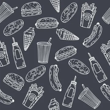 Fast food seamless pattern. Hand drawn food background. Background template.. Stock Illustration