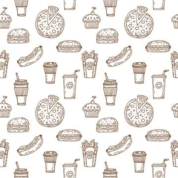 Fast food seamless pattern. Hand drawn food background. Background template.. Stock Illustration