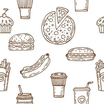 Fast food seamless pattern. Hand drawn food background. Hot dog, hamburger,.. Stock Illustration