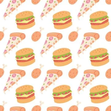 Fast food seamless pattern with hand drawn burger pizza and chicken leg for cafe Stock Illustration