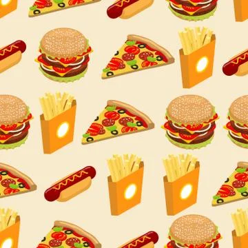 Fast food seamless pattern. Hot dog background. Juicy big hamburger. Hot fren Stock Illustration