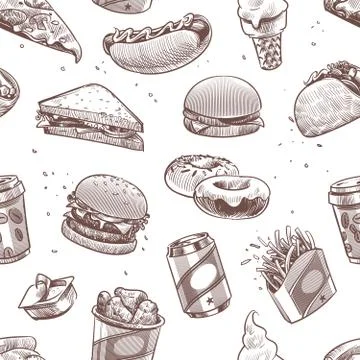 Fast food seamless pattern. Hot dog, hamburger and cola, coffee and ice cream Stock Illustration