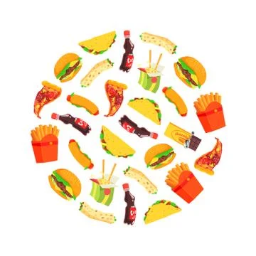 Fast Food Seamless Pattern of Round Shape, Dishes and Drinks Vector Illustration Stock Illustration