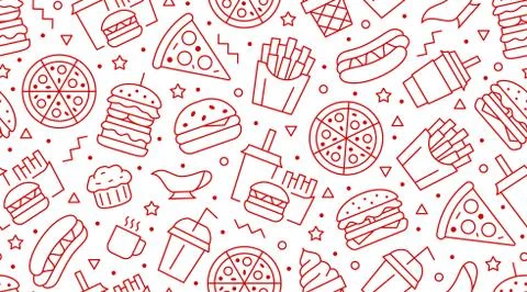 Fast food seamless pattern with vector line icons of hamburger, pizza, hot dog Stock Illustration