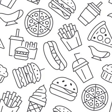 Fast food seamless pattern with vector line icons of hamburger, pizza, hot dog Stock Illustration