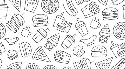 Fast food seamless pattern with vector line icons of hamburger, pizza, hot dog Illustrazione stock