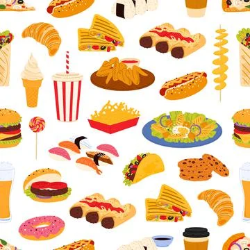 Fast food seamless pattern, vector background Stock Illustration