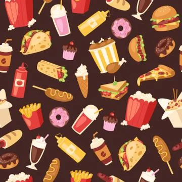 Fast food seamless vector pattern. Cartoon illustration of burger sandwich Stock Illustration