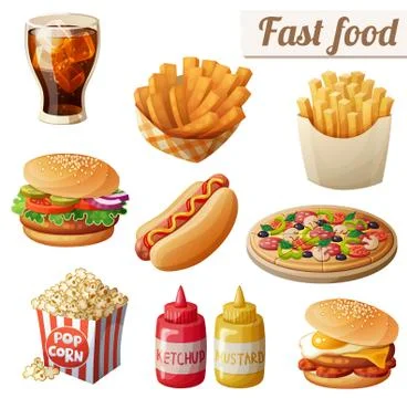 Fast food. Set of cartoon vector food icons isolated on white background Stock Illustration
