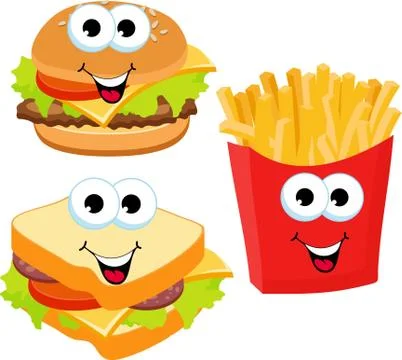Fast food set hamburger, sandwich and french fries isolated on white background Stock Illustration