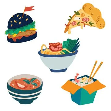 Fast food set. Slice of pizza, burgers, noodles, rice and soup. Junk food. Pe Stock Illustration