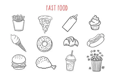 Fast food. Set of vector fast food icons. Set of linear illustrations of fast Stock Illustration