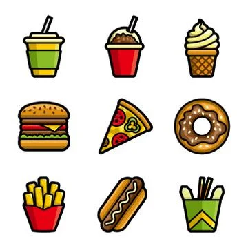 Fast food vector colored icon set Stock Illustration