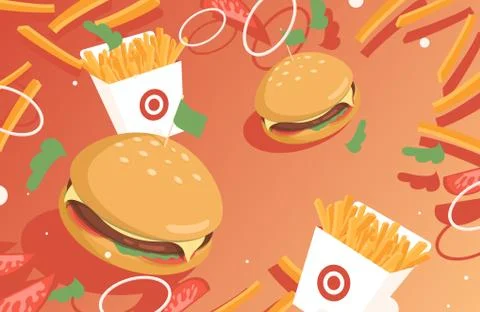 Fast food vector flat banner design. Cheeseburger or hamburger and French fries Stock Illustration