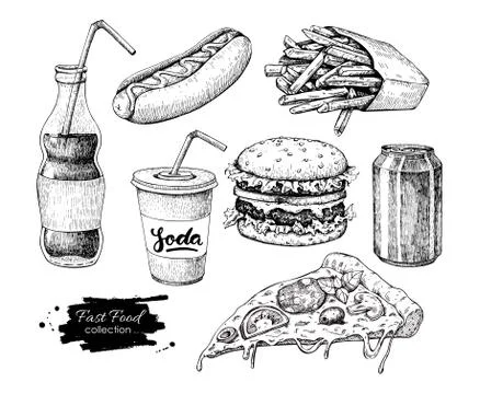 Fast food vector hand drawn set. Engraved style junk food illust Stock Illustration