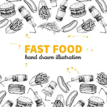 Fast food vector hand drawn frame. Hand drawn junk food menu illustration. Stock Illustration