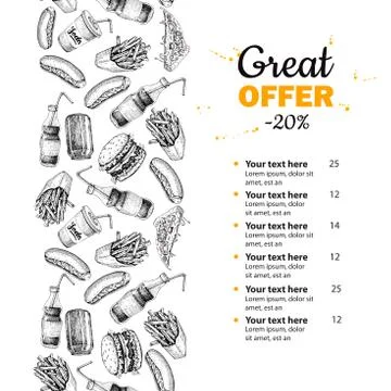 Fast food vector hand drawn menu. Hand drawn junk food stripe illustration Stock Illustration
