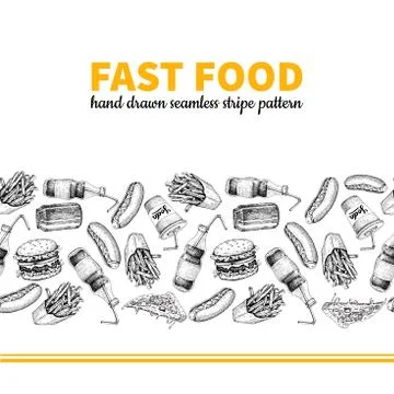 Fast food vector hand drawn seamless stripe pattern. Hand drawn junk food m.. Stock Illustration