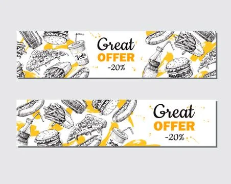Fast food vector hand drawn banner.  Hand drawn junk food specia Stock Illustration