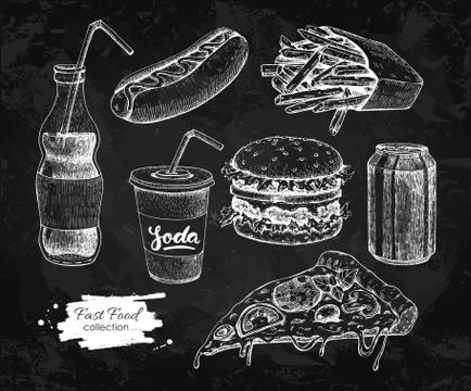 Fast food vector hand drawn set. Blackboard junk food illustration Stock Illustration