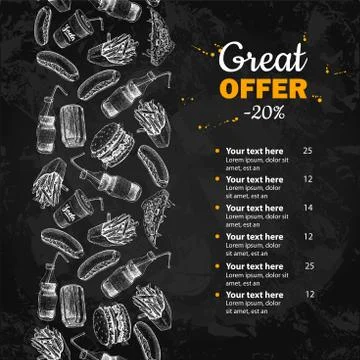 Fast food vector hand drawn menu. Blackboard  junk food Stock Illustration