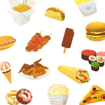 Fast food vector pattern. Hamburger, pitzza, roasted chicken and pop corn with Stock Illustration