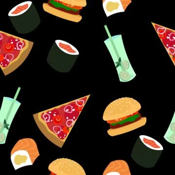Fast food vector pattern. Hamburgers, pizza, sushi, drinks. Menu design, cafe Stock Illustration