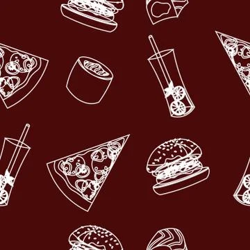 Fast food vector pattern. Hamburgers, pizza, sushi, drinks. Menu design, cafe Stock Illustration