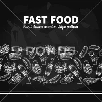 Fast food vector seamless stripe pattern. Hand drawn blackboard Stock Illustration