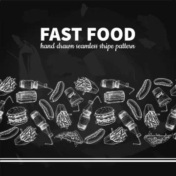 Fast food vector  seamless stripe pattern. Hand drawn blackboard Stock Illustration