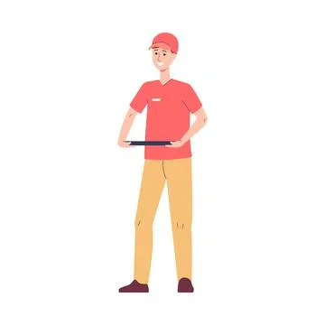 Fast food worker holding empty tray, flat vector illustration isolated. Stock Illustration