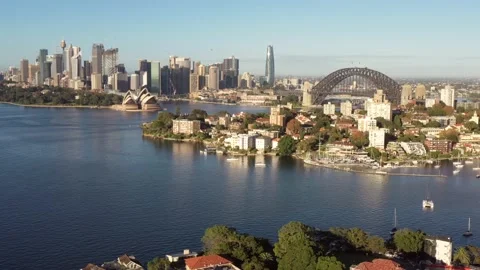 Fast forward to city of Sydney harbour waterfront landmarks as aerial 4k. Stock Footage 156324976