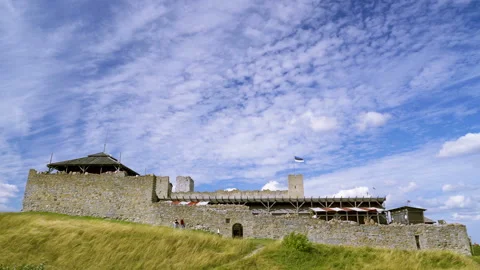 The fast forward look of the people walking outside the Rakvere castle Stock Footage 145042277