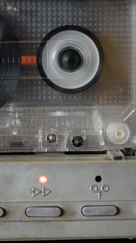 Fast forwarding and stopping audio cassette tape in old vintage touchscreen Stock Footage 311314377