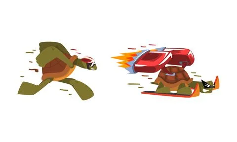 Fast funny turtles set. Funny tortoise running and skiing with turbo speed Stock Illustration