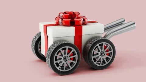 Fast gift delivery concept with giftbox and tires. 3D illustration Stock Illustration