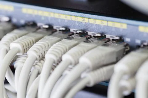 Fast Gigabit Ethnernet network switch in datacenter Stock Photos