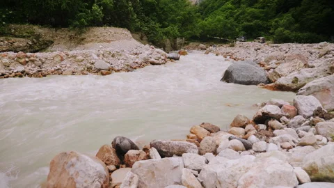 Fast Glacier Mountain River Flowing Through Pristine Forest Canyon Ecosystem Stock Footage 346117795