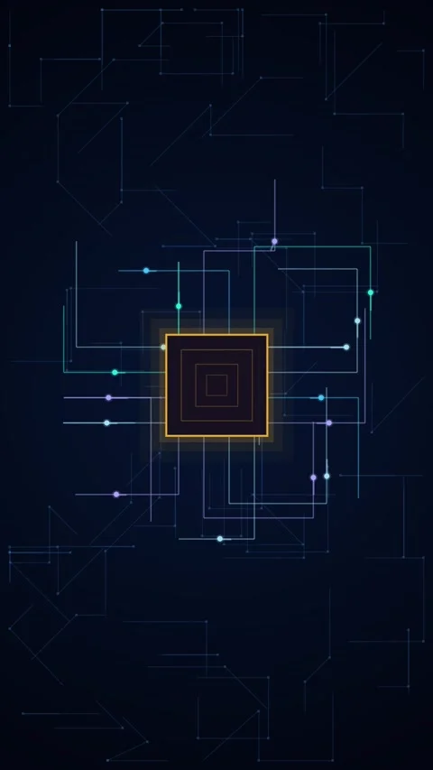 Fast glowing microchip pulses on blue circuit board, vertical tech intro Stock Footage 345542414