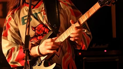 Fast guitar solo. dynamic live music. electric guitar closeup Video stock 300890666