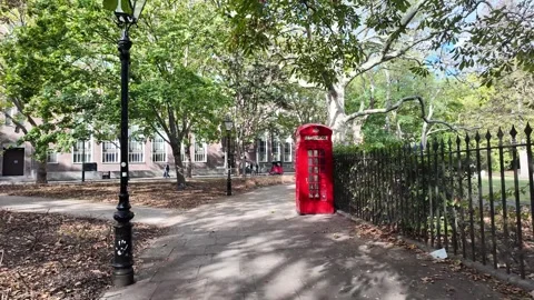Fast handheld walk past red telephone box in leafy London park path Stock Footage 346677198