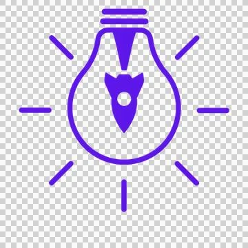 A fast idea: purple rocket ship inside a glowing light bulb icon on a black.. Illustrazione stock