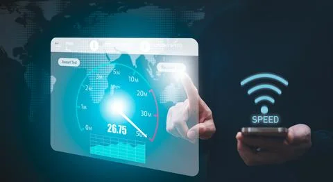 Fast internet connection with Metaverse technology concept, Hand holding smar Stock Photos
