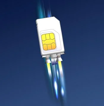 Fast internet connection. SIM card rocket flying on dark blue background Stock Photos