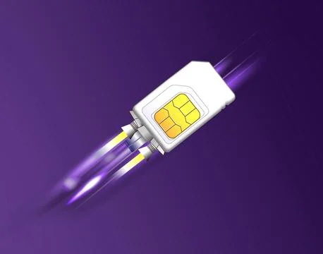 Fast internet connection. SIM card rocket flying on purple background Stock Photos