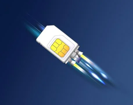 Fast internet connection. SIM card rocket flying on dark blue background Stock Photos