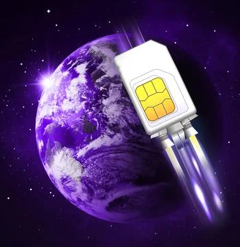 Fast internet connection. SIM card rocket flying around planet in space Stock Photos